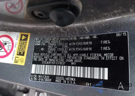 2015 Toyota Highlander Xle V6 из США, поврежденный, VIN 5TDJKRFH3FS178037